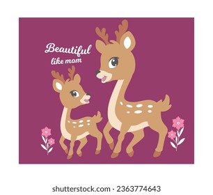 mom and baby deer with flowers