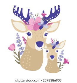 Mom and baby deers, head with flowers, vector cartoon illustration