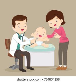 Mom and baby in doctor's office.Mother and a little son visiting the doctor.The doctor listens to breathing stethoscope kid and her mother's near.