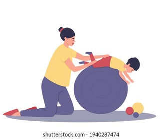 Mom and baby are doing exercises on a large ball. A fun pastime and tactile contact between mom and her baby. The woman shakes the baby on a big ball. Flat vector illustration.