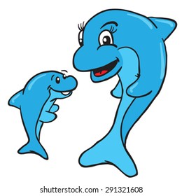 mom and baby dolphin cartoon illustration