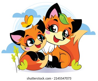 Mom And Baby Fox Are Sitting On The Lawn. Children's Preschool Cute Illustration.