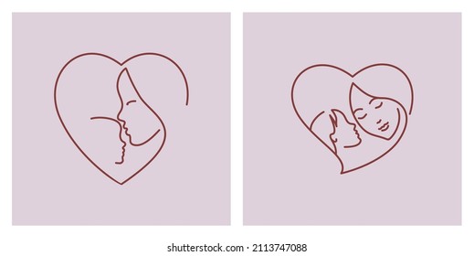 mom and baby in a frame of hearts linear drawing minimalism