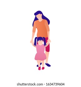 Mom with baby in full-length flat vector illustration,background. Parents with their kid exercising by walk. Young mother loves and assistance infant by taking step. Woman and child in stylish clothes