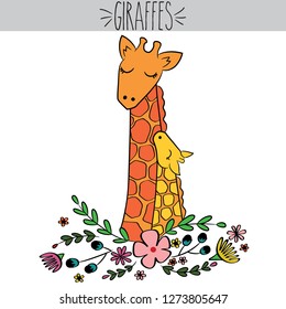 Mom and Baby Giraffe, Colored illustration, wild flower wreath, freehand, cute, invitation, greeting card, nursery, poster, savanna, jungle animal, zoo, love, adorable, mother, child, hug, shower