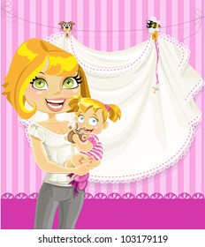 mom with baby girl pink openwork announcement card