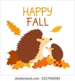 Mom and baby hedgehog look at the leaf fall of autumn golden leaves. Two cute hedgehogs sitting among autumn leaves in the forest isolated on a white background.