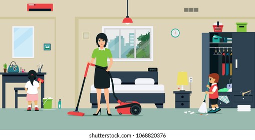 Mom and baby are helping to clean the bedroom.