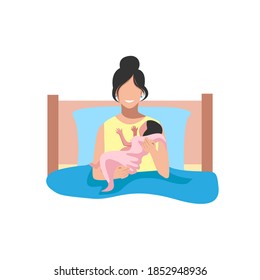 Mom with a baby in her arms after childbirth. The joy of motherhood. Thanks to the doctors and nurses. Vector illustration background.
