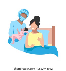 Mom with a baby in her arms after childbirth. The joy of motherhood. Thanks to the doctors and nurses. Vector illustration background.
