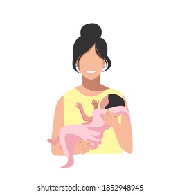 Mom with a baby in her arms after childbirth. The joy of motherhood. Thanks to the doctors and nurses. Vector illustration background.