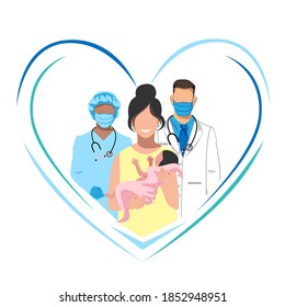 Mom with a baby in her arms after childbirth. The joy of motherhood. Thanks to the doctors and nurses. Vector illustration background.