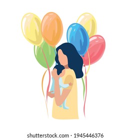 Mom with a baby in her arms after childbirth. The joy of motherhood. Love and care for children. Mother's day. Isolated vector illustration.