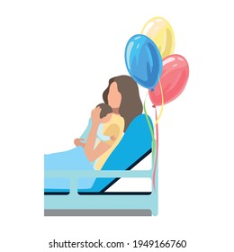 Mom with a baby in her arms after childbirth. The joy of motherhood. Love and care for children. Mother's day. Isolated vector illustration.