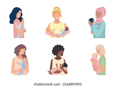 Mom with a baby in her arms after childbirth. The joy of motherhood. Love and care for children. Mothers Day. Set of vector illustration.