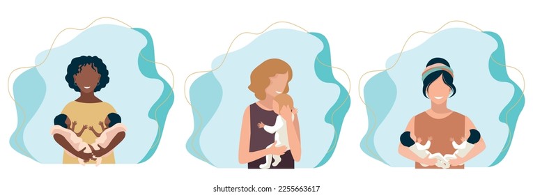 Mom with a baby in her arms after childbirth. The joy of motherhood. Love and care for children. Mothers Day. Set of vector illustration.