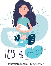 mom with a baby in her arms. it's a boy. Poster Vector illustration of cute young woman with boy baby, her baby gender. newborn boy. Flat