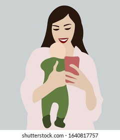 Mom With A Baby In Her Arms Looks At The Phone. Vector Flat Concept.