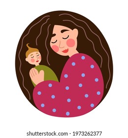 Mom with a baby in her arms. The mother has dark hair and red clothes. Color picture, clipart, emblem. Vector.