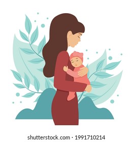 Mamá con un bebé en sus brazos. Perfil. Día de la Madre. 8 de marzo. Imagen vectorial en un fondo blanco aislado.