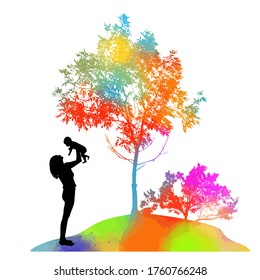 Mom with baby in her arms in rainbow garden. Happy Mother's Day. Vector illustration