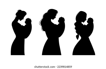 Mom with a baby in her arms, a set of silhouettes, flat vector illustration of motherhood. Woman hugging a newborn baby, side view.