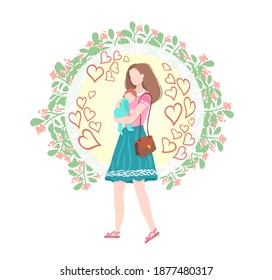 Mom with the baby in her arms for a walk. Newborn child. Vector illustration.