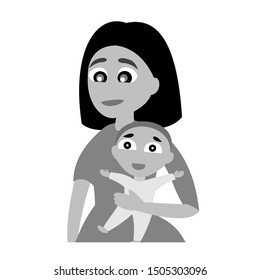 The mom with the baby in her hand.  Mom with daughter. Vector graphic illustration on white background.
