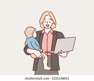  mamá con su bebé, sosteniendo su laptop. Ilustraciones de diseño vectorial de estilo dibujado a mano.