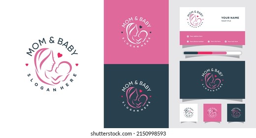 Mom and baby icon logo with modern concept and business card design Premium Vector