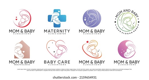 Mom and baby icon set logo design template with creative element Premium Vector