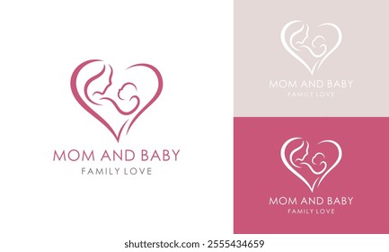 mom and baby logo design, love heart graphic vector icon template