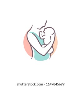 logo de mamá y bebé, mujer materna sosteniendo a un bebé recién nacido en su brazo ilustración vectorial