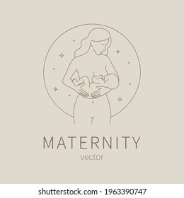 Mom and baby logo, maternal woman holding a newborn baby in her arms vector illustration