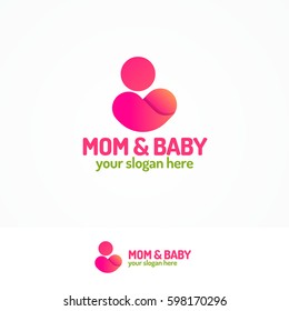 Mom and baby logo set with silhouette mother and child color flat modern style for use medicine center, pregnancy yoga, family company and etc. Vector Illustration