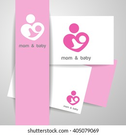 Mom and baby. Logo template. Mother's care sign. Symbol of parental love. Vector illustration.Identity concept.