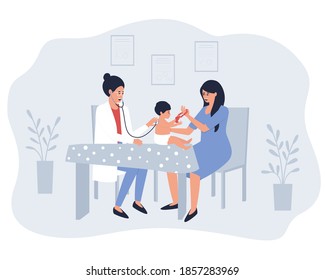 Mom and baby make a visit to the doctor. A pediatrician listens to breathing and heartbeat with a stethoscope. A baby in a nappy. Flat vector illustration.
