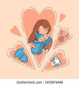 Mom with baby in May Sling is a front view of a stylized heart background