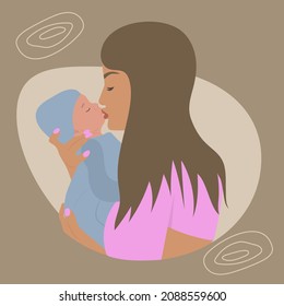 Mom and baby. Mother Holding Baby Son In Arms and kissing him. Happy Mother`s Day Greeting Card. Minimalism style, boho elements.