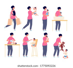 Mom and baby. Mother taking care kid, flat motherhood character. Little toddler sleep play eating. Woman with son or daughter vector set