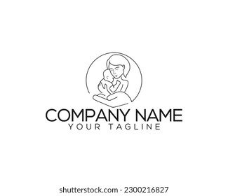 Mom and baby, Mothers care logo design. Mom hugs her child hand care line art vector illustration.