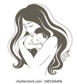 Mom and baby. Mothers Day Vector illustration. Baby sleeps on moms hands. Breastfeeding. Motherhood 