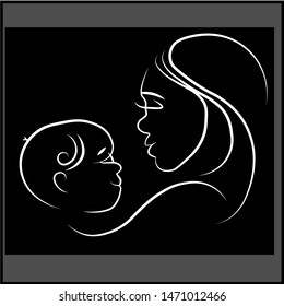 Mom with baby on a black background. Vector graphics