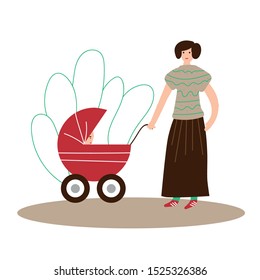 Mom with a baby on a walk. Baby in a stroller. Vector illustration.