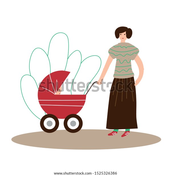 Mom with a baby on a walk. Baby in a
stroller. Vector
illustration.