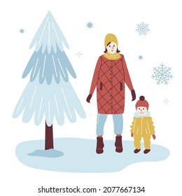 Mom and Baby on a Winter Walk in trendy outerwear Walking on park. Woman and Toddler among snowflakes next to the tree. Vector illustration in flat style for poster, card, website, banner.