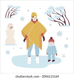 Mom and Baby on a Winter Walk in trendy outerwear Walking on park with a snowman, snowflakes and snowy trees. Nanny woman and Toddler. Vector illustration in flat style.