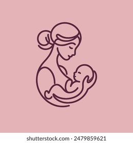 Mom and baby. One line art. simple vector outline illustration. Logo, emblem, print, hand drawn. Pink color	