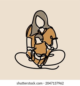 Mom and baby oneline continuous line art premium vector set