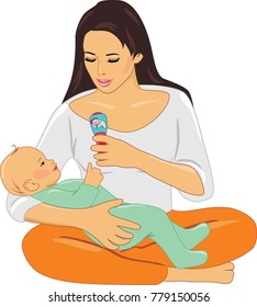 Mom and baby playing with rattle. Vector